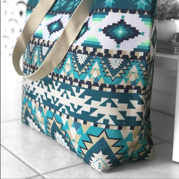 Aztec Print Green Blue Teal Summer Tote Bag - Picture 5 of 8